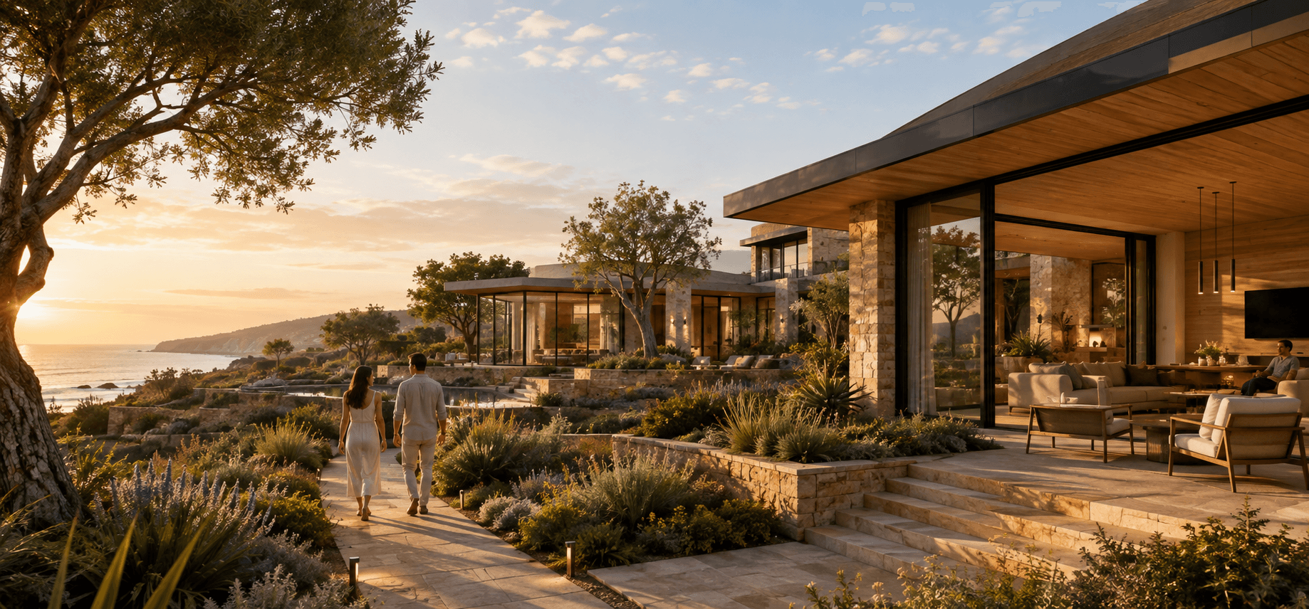 A couple walking through the landscaped grounds of a contemporary coastal residence at sunset, with natural stone, timber and expansive glass opening the interior living space to the view.