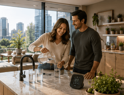 A woman and man pouring water together at a kitchen counter with a city view, plants and an air-quality monitor nearby.