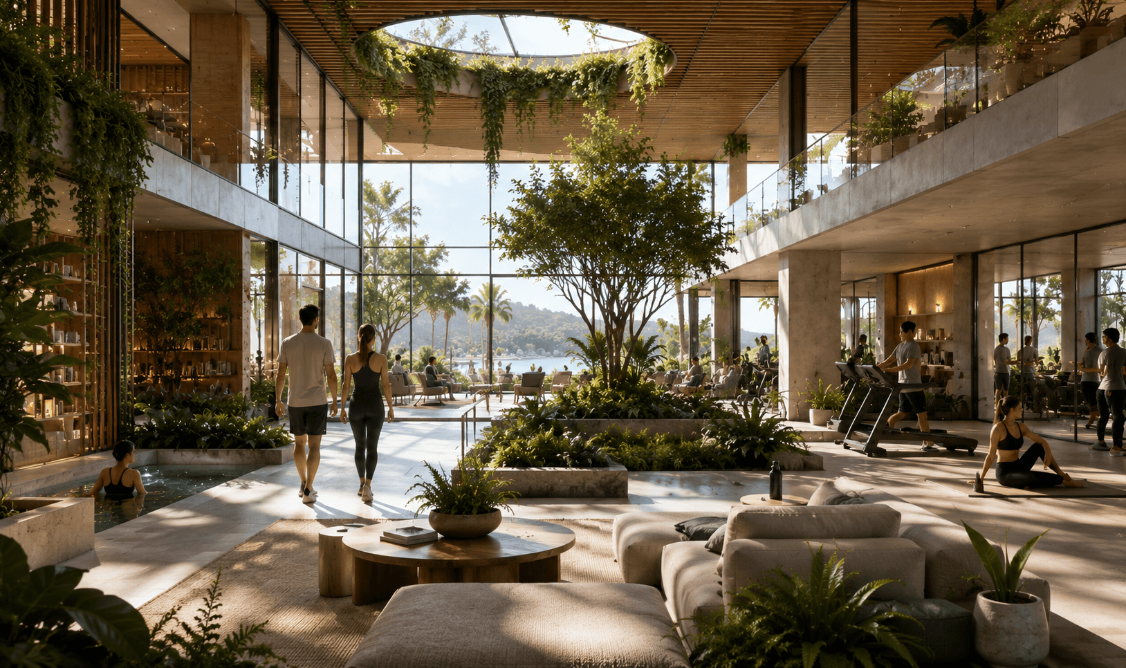 A biophilic indoor wellness environment with a central tree beneath a skylight, natural stone and timber, a lounge seating area, a plunge pool and people walking, resting and exercising among the greenery.
