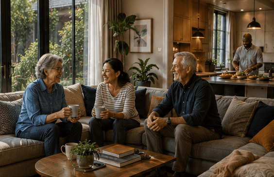 Three adults spanning multiple generations talking and drinking coffee together in a warm living room, with a person visible cooking in the kitchen behind them.
