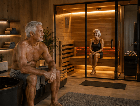 A residential sauna and cold plunge installation, part of an environmental recovery setup.